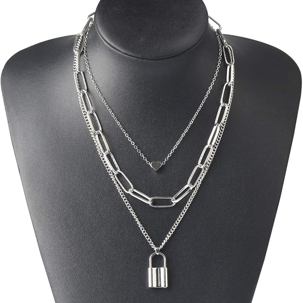 2 Layered Lock Key Pendants Necklaces Set